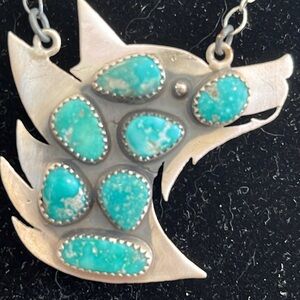 White Water Turquoise and Silver Wolf Pendant Necklace